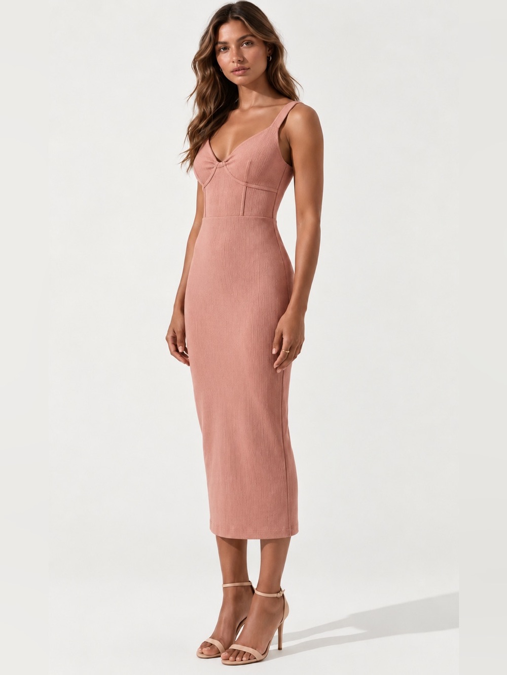 Naked Wardrobe Ribbed Corset Fitted Bodycon Midi Dress Dusty Rose Pink NWT